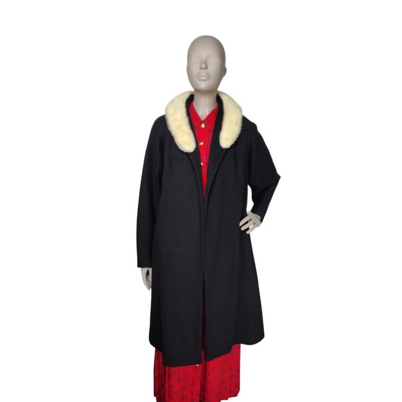 Vintage 1930's Black Wool Fox Fur Collar Open Front Opera Swing Dress Ov… - Picture 15 of 16